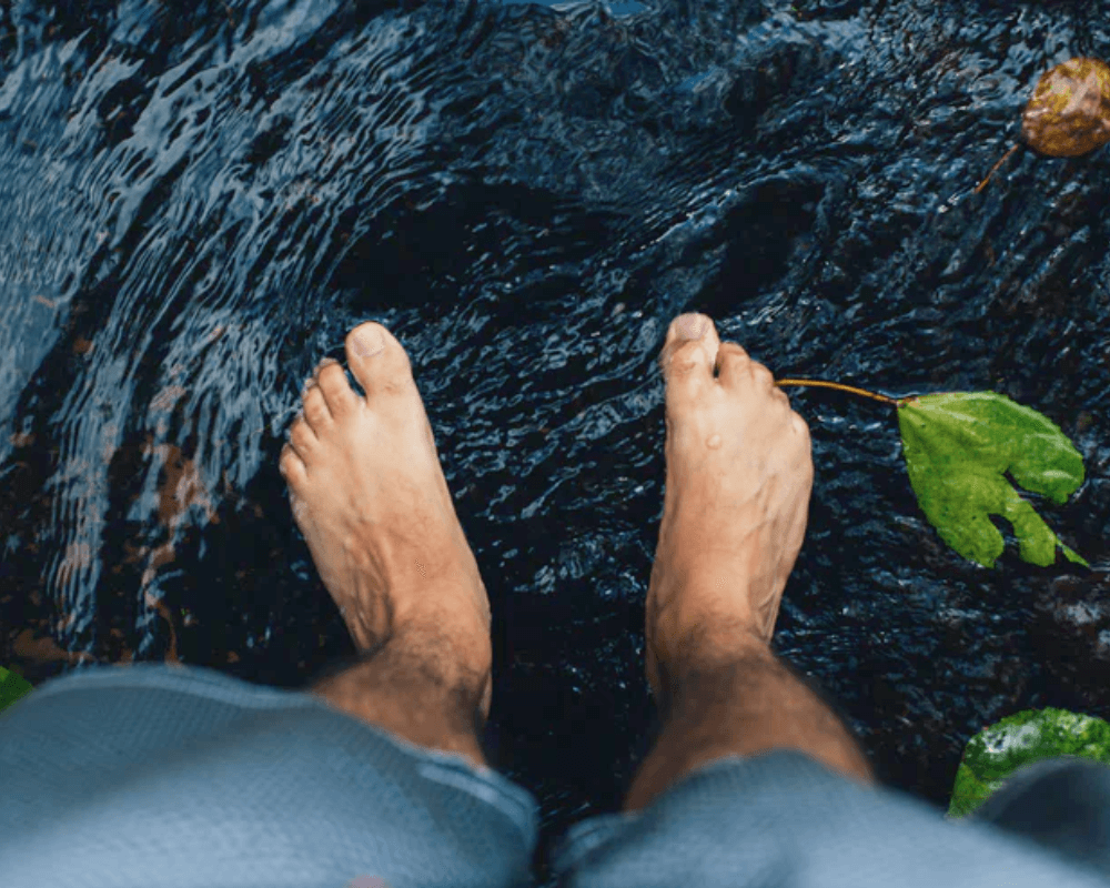 Shot of feet in lake with leaves